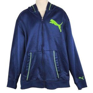 Puma Sport Lifestyle Boys Hoodie Blue/Lime Green Logo, Stitching, Hood Sz Medium